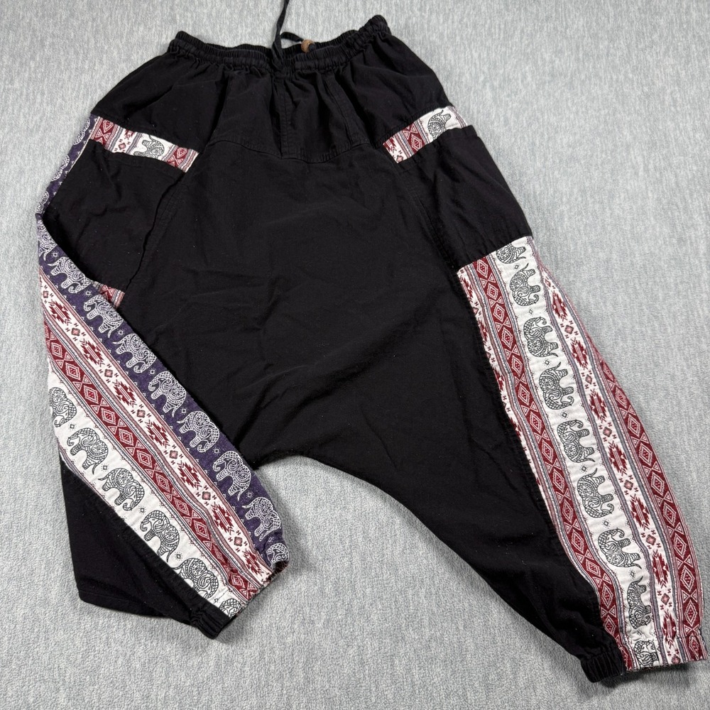 Harem Pants Womens One Size Black Elephant Print Drop Crotch Boho Hippie Yoga
